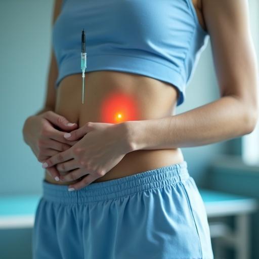 Woman receiving injection on abdomen at doctor's office. Focused on healthcare environment and medical procedure.