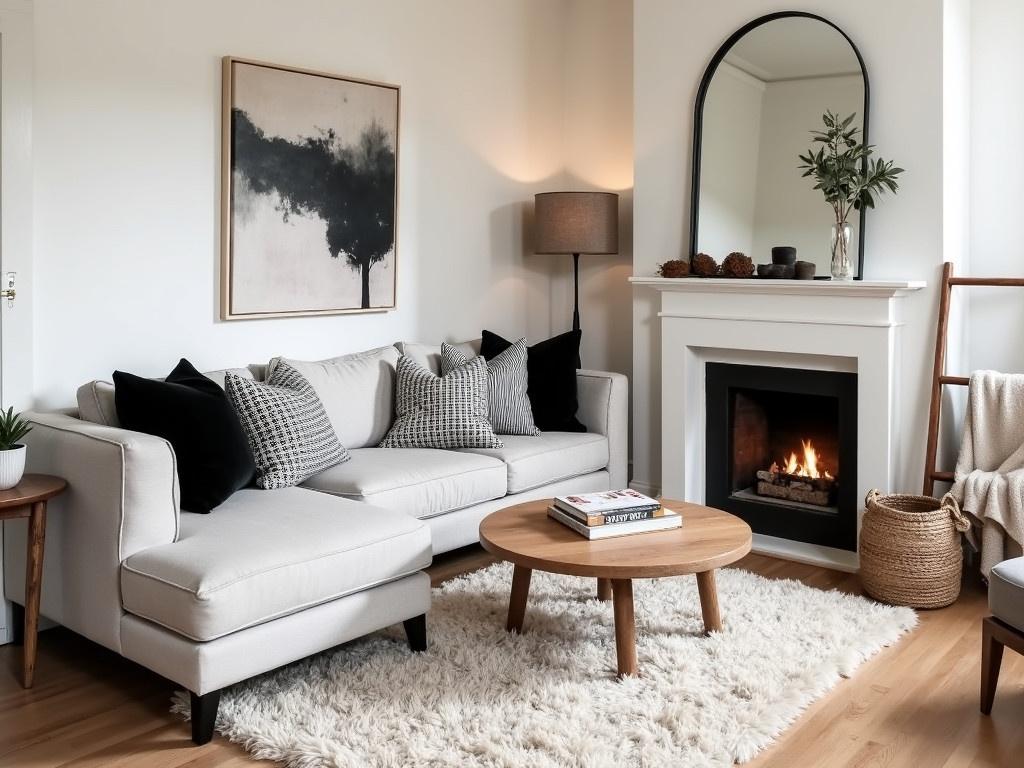 This image portrays a cozy modern living room that exudes warmth and style. A light gray sectional sofa replete with a variety of patterned black and white throw pillows invites comfort. A round wooden coffee table sits on a plush, shaggy area rug, enhancing the cozy atmosphere. On the wall, a large abstract painting adds a vibrant touch against the minimalist background. To the right, a sleek fireplace radiates warm light, accompanied by a stylish wooden ladder holding a soft throw blanket. Decorative elements, such as a woven basket and small cushions on the floor, complete the inviting scene of this well-designed living space.