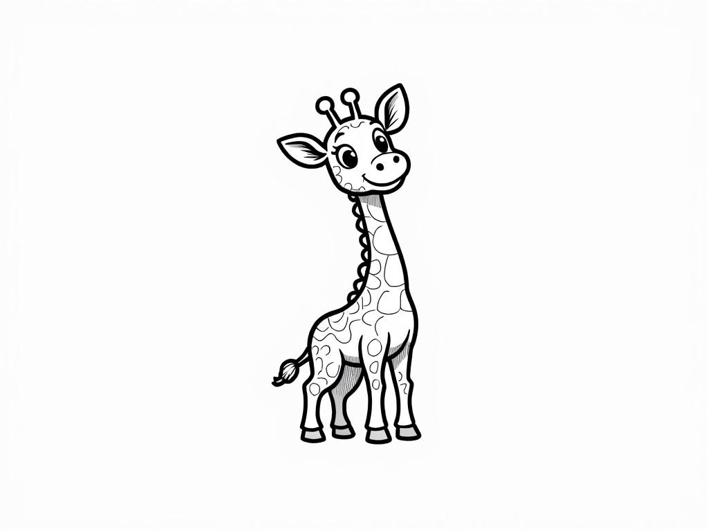 This image is a delightful black and white sketch of a cartoon giraffe standing confidently. The giraffe is depicted with exaggerated features, such as large eyes and a friendly smile, giving it a playful and endearing appearance. The whimsical style makes it perfect for children’s content and evokes a sense of joy and innocence.