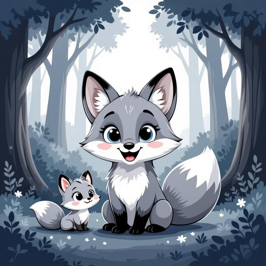 Cartoon style illustration of two friendly gray foxes. One fox is larger with big eyes. Smaller fox looks up happily. Background features trees and plants, enhancing enchanted forest theme.