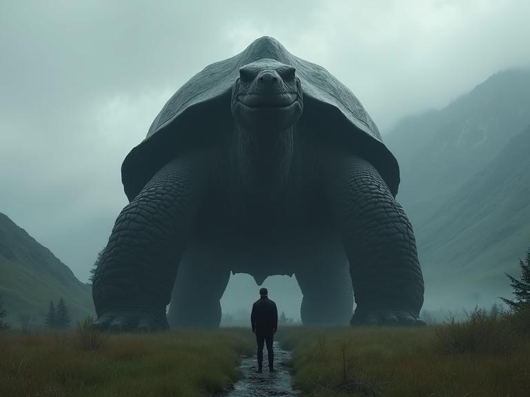Small man standing in front of a giant tortoise in a foggy landscape. The tortoise is detailed with a thick textured shell. Grass, small trees, and a river are visible. Mountains are shrouded in fog. A dark atmosphere prevails.