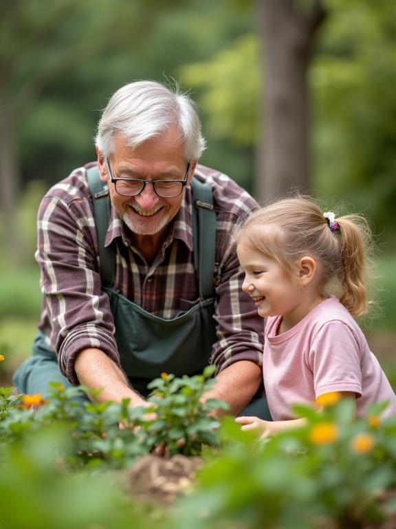 Elderly man smiles while tending to plants alongside young girl in a garden.
