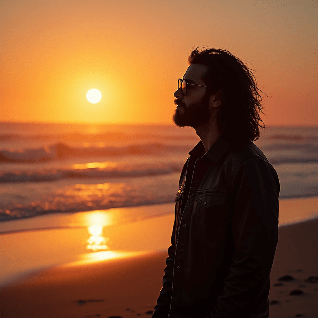 A person with long hair and sunglasses stands on the beach at sunset.