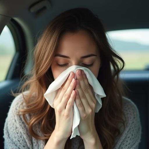 Person experiencing dust allergy inside a car holding a napkin to their face.