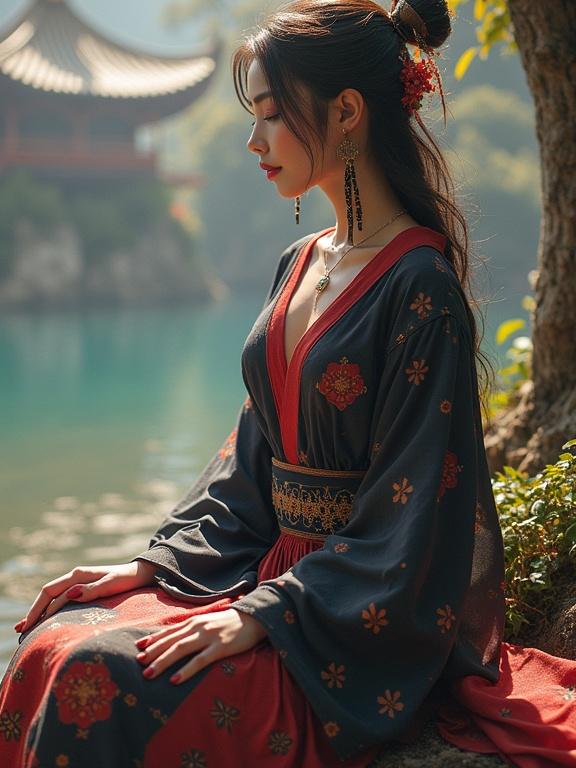 A woman dressed in a black and red traditional gown sits by a tranquil lake near an ornate building. Her hair is styled elegantly with floral accessories. The scene captures a serene atmosphere.