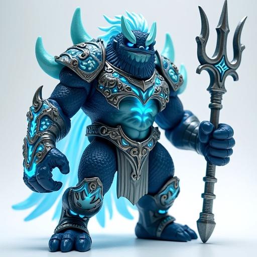 A fantasy cartoon-style monster toy with a trident, featuring wave-inspired armor and glowing blue details.