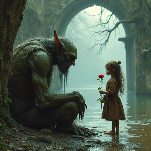 Large troll sitting under a bridge. Girl holding a rose. Misty environment. Cinematic vibe.