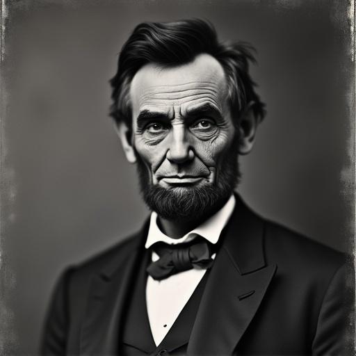 A grainy black and white photograph depicting a catboy with features reminiscent of Abraham Lincoln. The subject wears a suit and bowtie, displaying a whimsical character design that combines historical elements with fantasy.