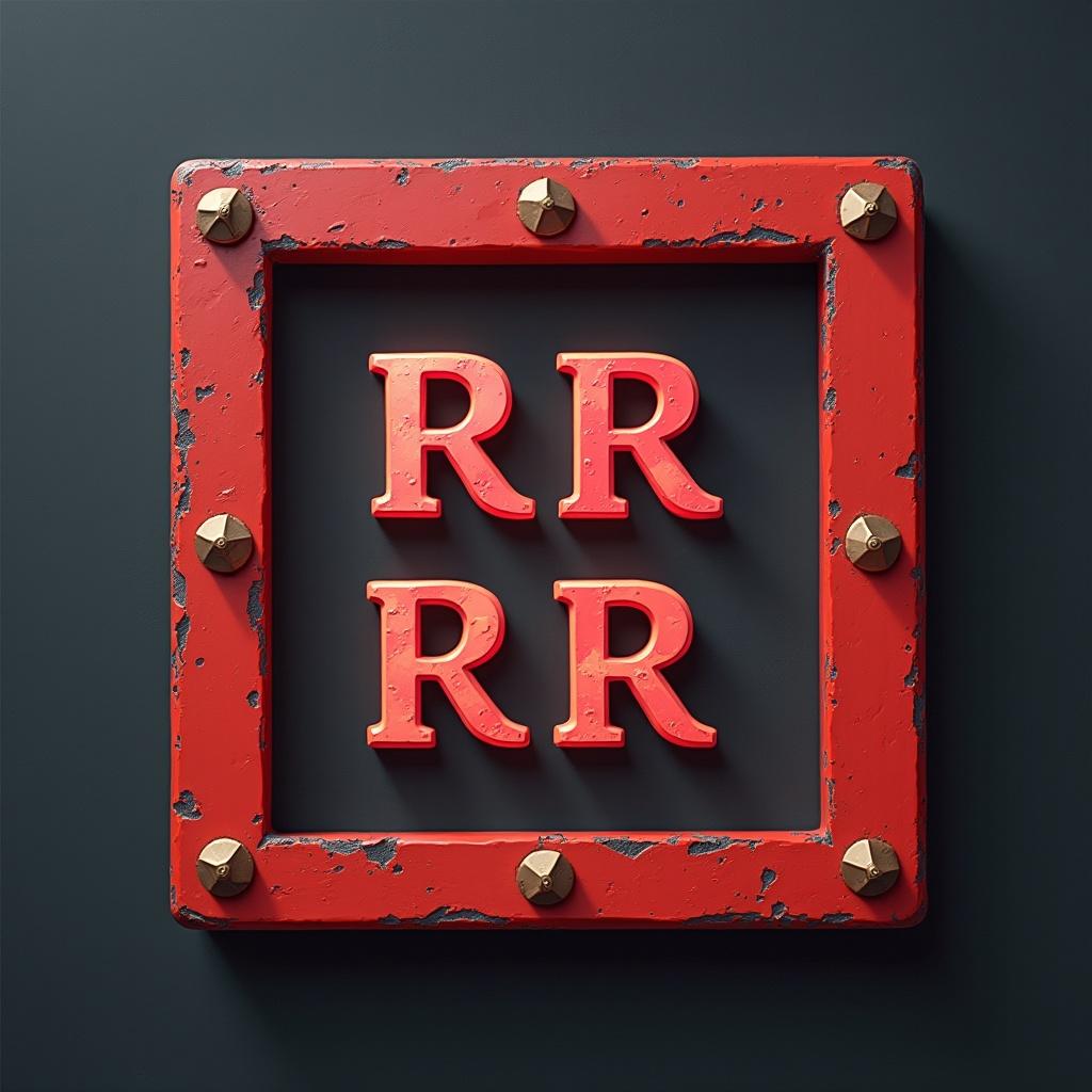 Four letters 'R' arranged in two rows inside a red decorative frame with metal bolts and a distressed look.