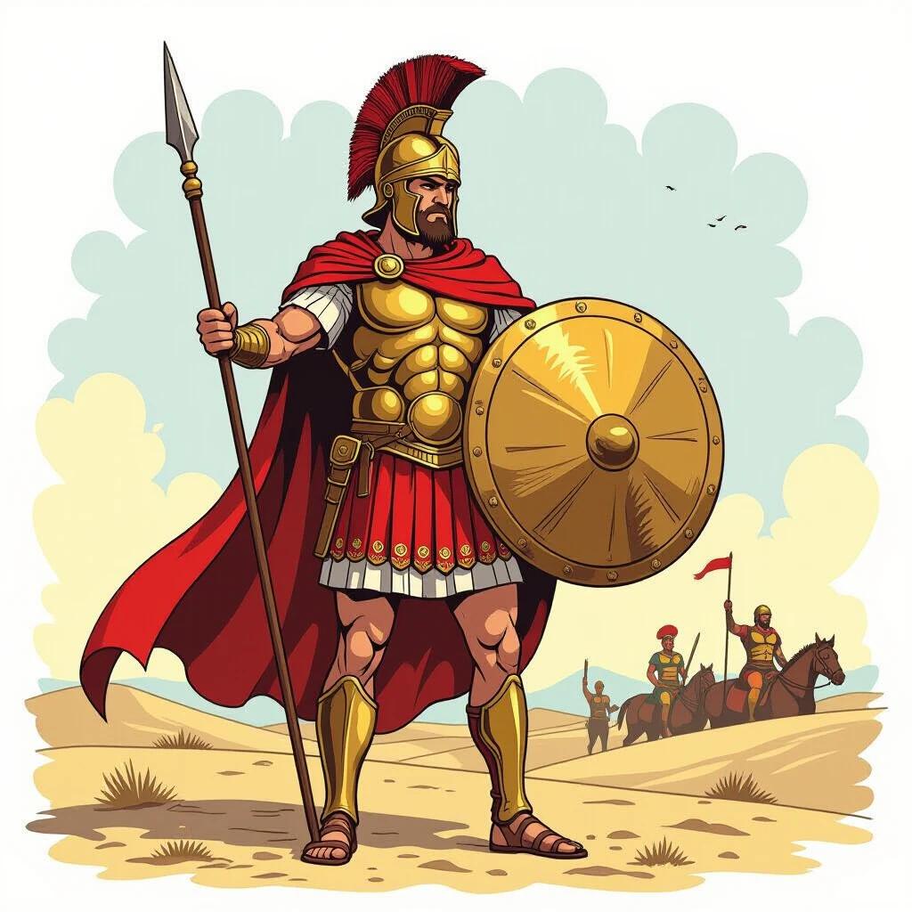 An illustration of a Roman warrior, wearing a helmet and breastplate. The warrior holds a spear and shield. He stands confidently in a desert landscape with soldiers in the background on horseback. The scene depicts an ancient military theme.