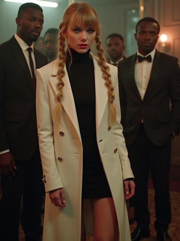Scene in a dingy nightclub features a woman with long blonde twintails and big blue eyes. Woman wears a stylish long white overcoat and black crew neck sweater dress with high heels. A white man in a suit stands next to her holding flowers. Black men are in the background looking at her. Zoomed out full body shot shows the setting.