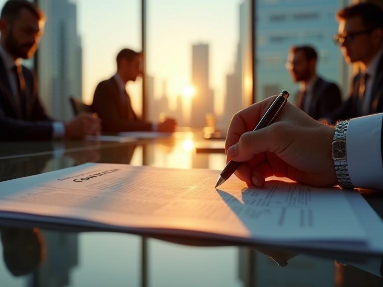 A well-groomed hand writing on a contract. The hand wears a platinum cufflink and is poised over documents with a confidential watermark. Sunlight glints off a sleek watch reflecting a city skyline. In the blurred background, corporate executives sit at a glass conference table. The scene is enriched with luxury and professionalism, illuminated by golden hour light. A MacBook Pro and a water glass add to the corporate ambiance.