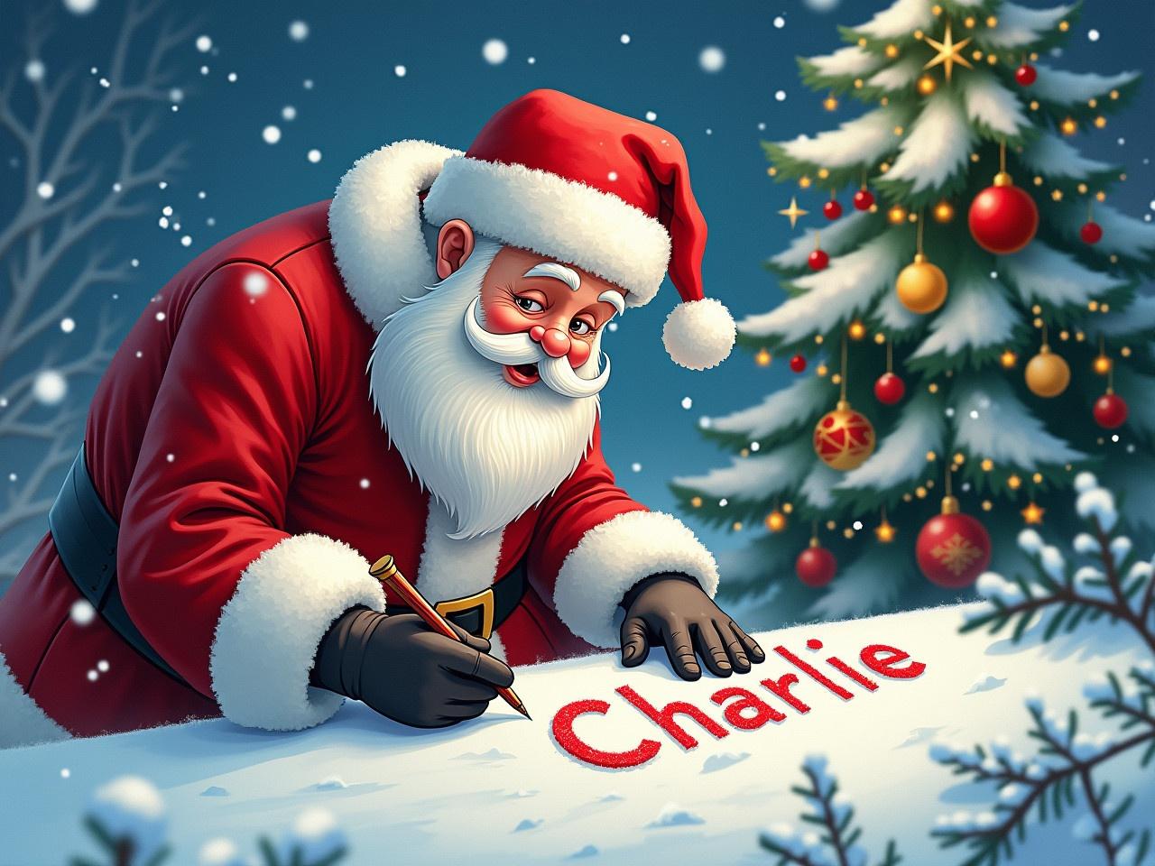 Illustration of Santa Claus in a red suit writing Charlie in the snow. Snowy winter background with a decorated Christmas tree. Snowflakes falling create a festive atmosphere. Joyful feelings of Christmas.