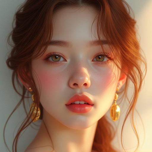 Image of a young woman with delicate features and serene expression. Skin softly lit highlighting rosy cheeks. Auburn hair cascading in loose waves. Wearing elegant gold jewelry. Hyper-realistic digital artwork.