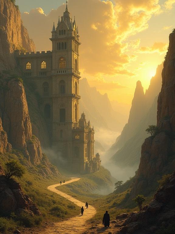 A towering citadel carved into limestone cliffs against a golden sunset. Romanesque and Gothic architecture features ornate buildings and spires. A winding path cuts through rocky terrain. Three cloaked figures walk along the path. Jagged rock pinnacles and misty gorge in the background. Warm lighting casts long shadows and illuminates clouds. Overall mood is mystical.