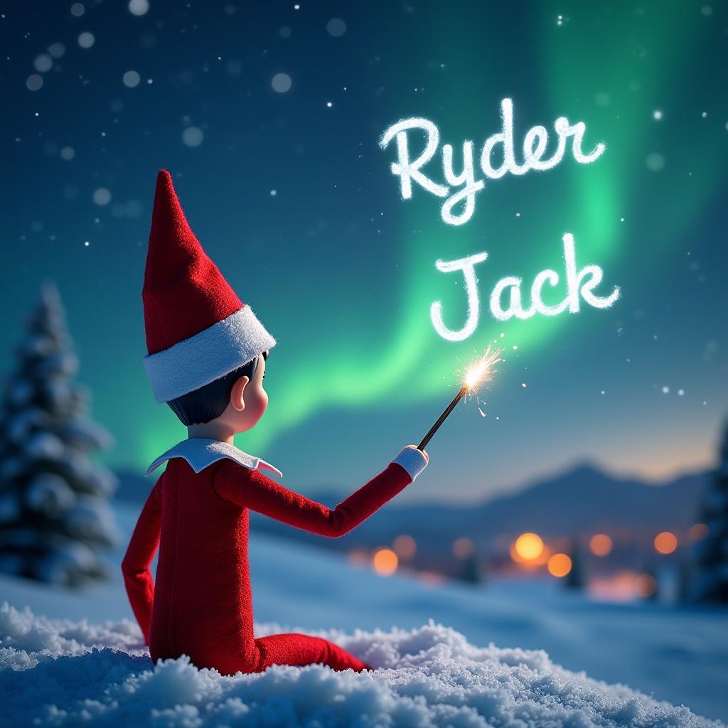 Elf on the Shelf sitting in snow. Elf is writing in the sky with a wand. Background shows a magical Christmas scene. Northern lights illuminate the sky. Santa appears with Ryder Jack written in the sky.