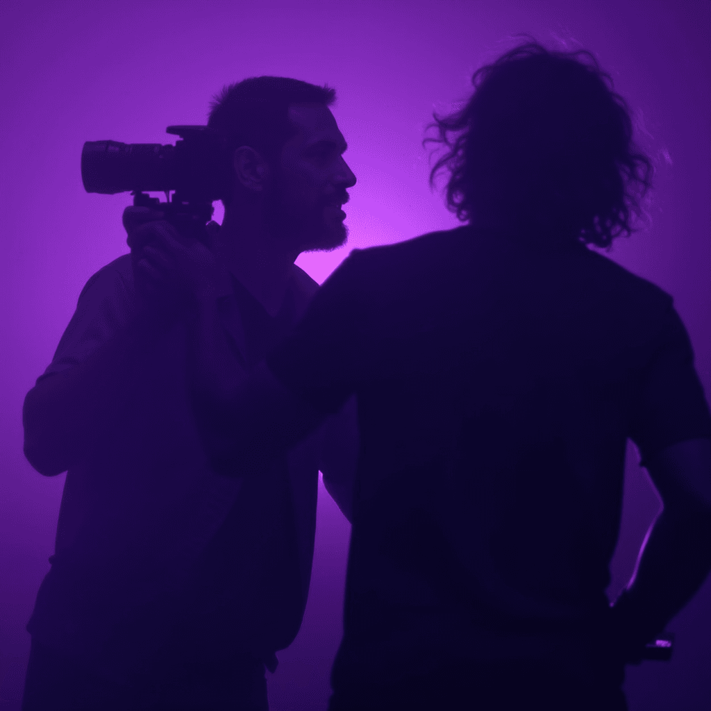 Two silhouetted people are in front of a purple light, one holding a camera.