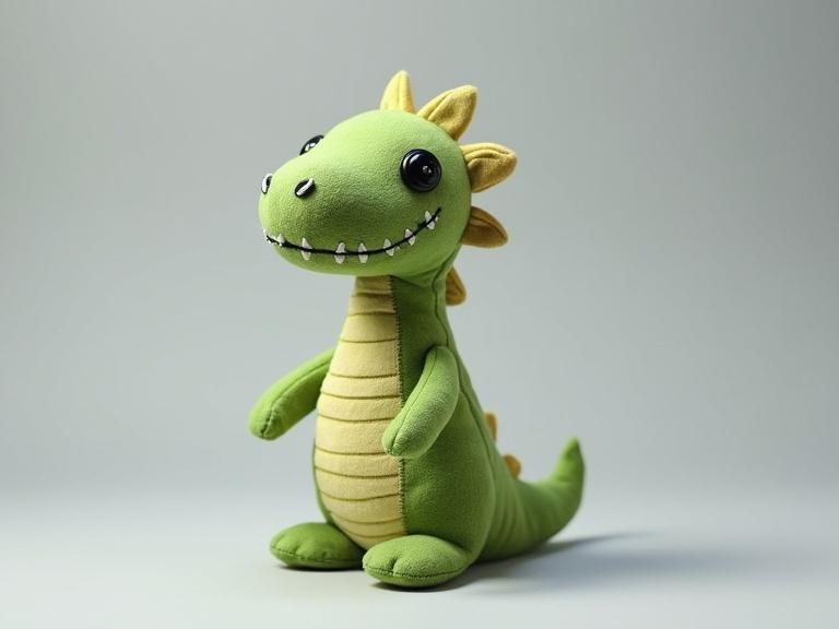 A cute plush dinosaur toy made of patchwork fabric in various shades of green. Friendly expression with big black eyes and stitched teeth. Standing upright with arms outstretched and a curled tail. Soft gray background enhances the toy's colors.