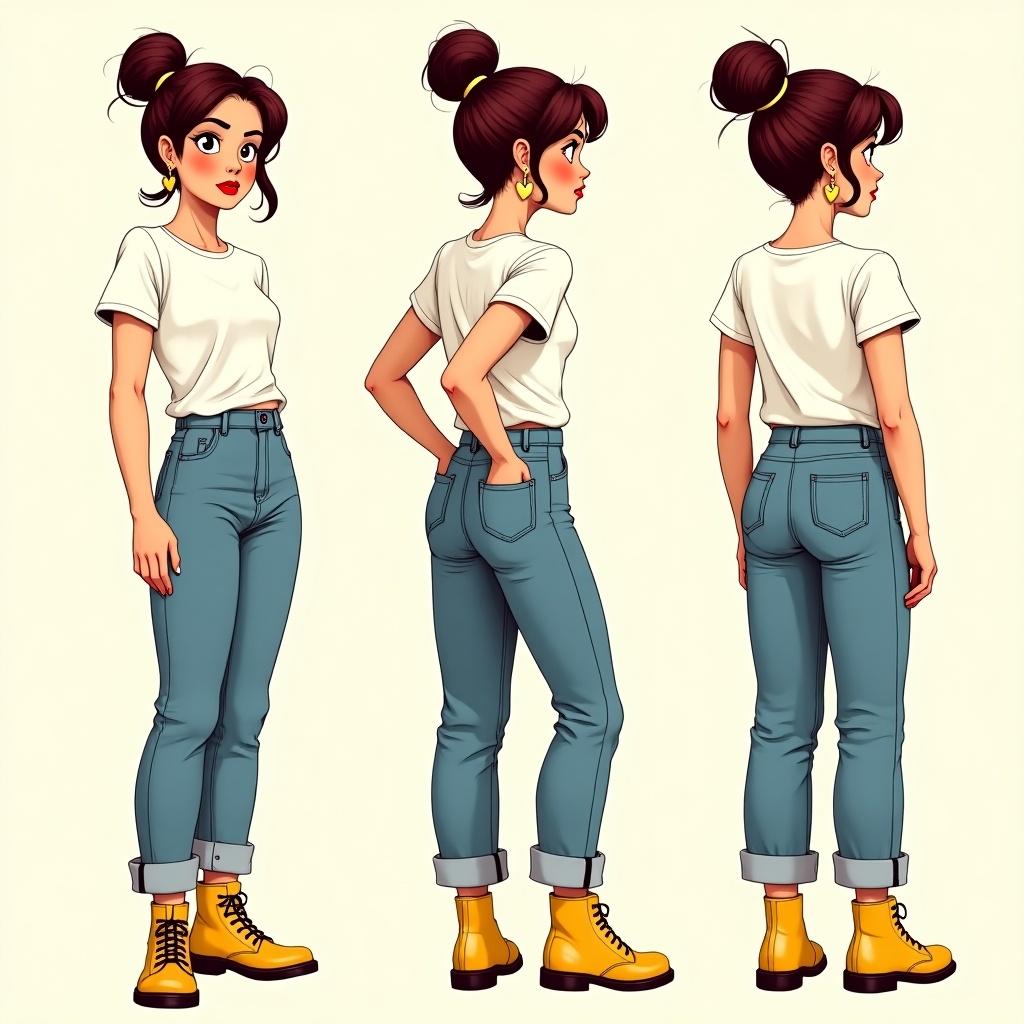 Character design showcasing a young woman in 1960s romance comic style. Character features a burgundy updo hairstyle with loose strands, wearing a white long sleeve t-shirt, loose fit rolled up jeans, yellow Doc Martens, and gold heart earrings. Personality is sarcastic. Displayed in three views: front, side, and back.