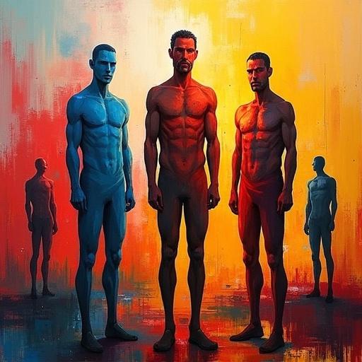 An abstract painting featuring three figures in the foreground with varied styles. The figures exhibit strength and are cartoonish. Background consists of additional figures. Color palette includes red, blue, yellow, and orange, creating a balanced composition with visible brushstrokes.