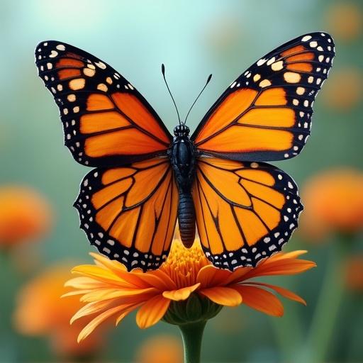Close-up image of a Monarch butterfly with vibrant orange and black wings sitting on a bright flower. Soft background makes the butterfly stand out.