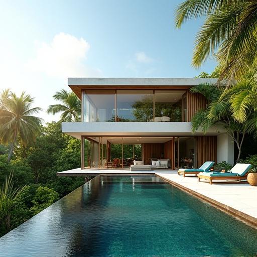 Hyper-realistic view of a luxurious 100m² villa in a tropical setting. Villa features modern design with wide glass walls and spacious terrace. Infinity pool overlooks lush tropical forests. Clean, minimalist aesthetic with white stone and wooden accents. Vibrant green foliage and palm trees surrounding the property. Clear skies with bright sunlight.