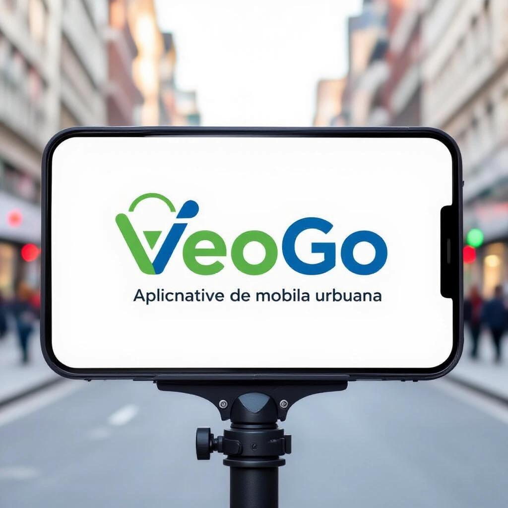 Logo design for a mobile urban application named VeoGo. The logo features a contemporary and vibrant style. Displayed on a smartphone in an urban setting. City environment with blurred background roads and buildings.