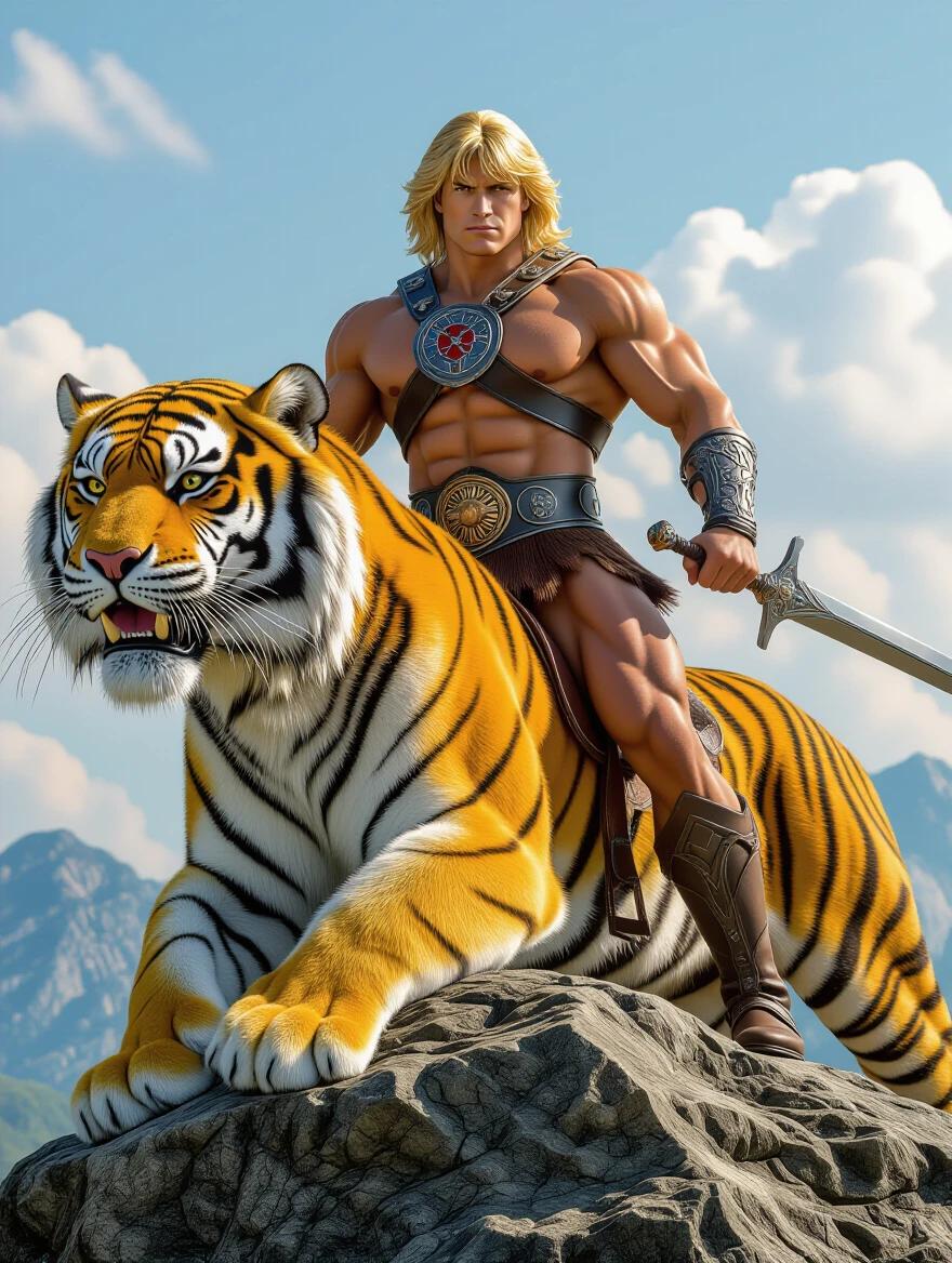 Dolph Lundgren as a young He-Man. Riding a fully grown tiger. Hero posed on a stone. Muscular figure. Frontal view.