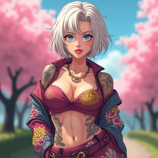 Anime character, 2037, woman with frost blue eyes and short light blonde hair, dressed in modern martial arts streetwear, showcasing tattoos, in a cherry blossom park during summer, looking classy and futuristic