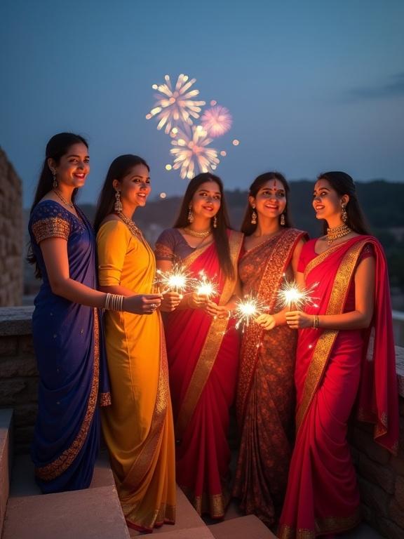 Selfie with five people in colorful cultural outfits on stone steps at twilight holding sparklers. Faint fireworks in the background.