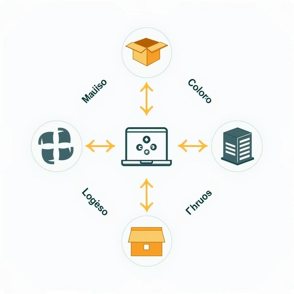 Diagram illustrating the flow of using a logistics and container storage application. Main components include a computer, boxes, and warehouse storage. Arrows indicate process flow.