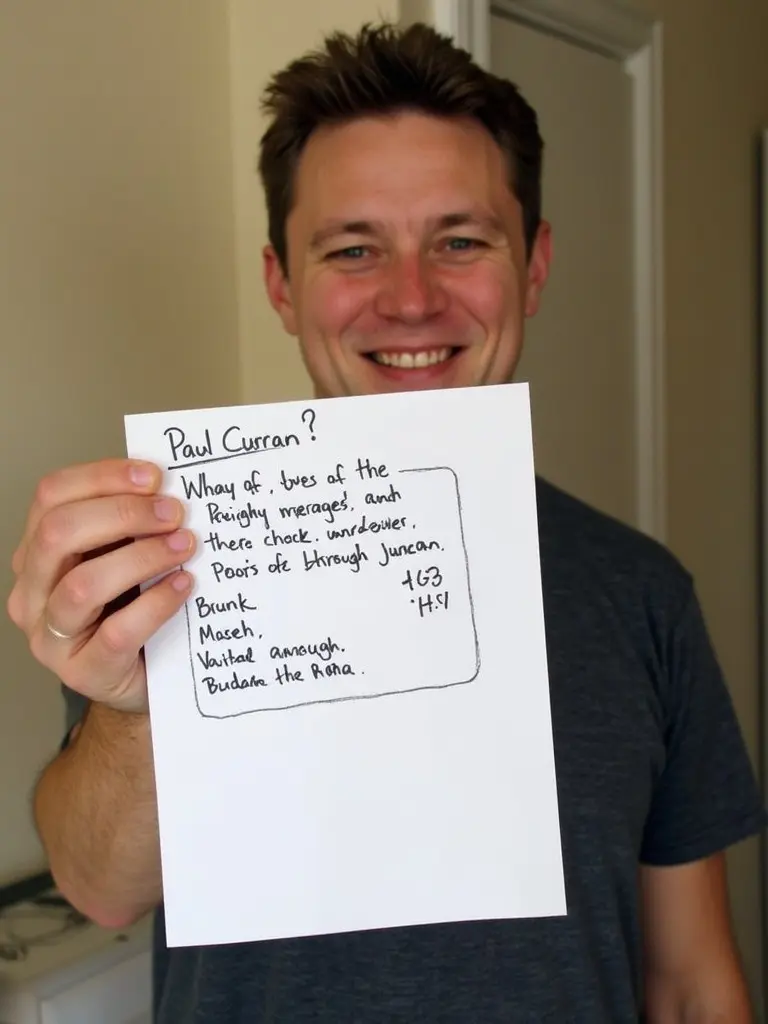 A person holds a piece of paper showing handwritten details. The paper includes the name 'Paul Curran'. The person's right arm and hand are visible. The individual is smiling.