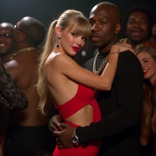A music video scene featuring two famous artists in a vibrant underground nightclub. One artist is wearing a striking red dress while the other artist holds her close. The atmosphere is lively with a crowd of people in the background. The focus is on the couple embracing and smiling.