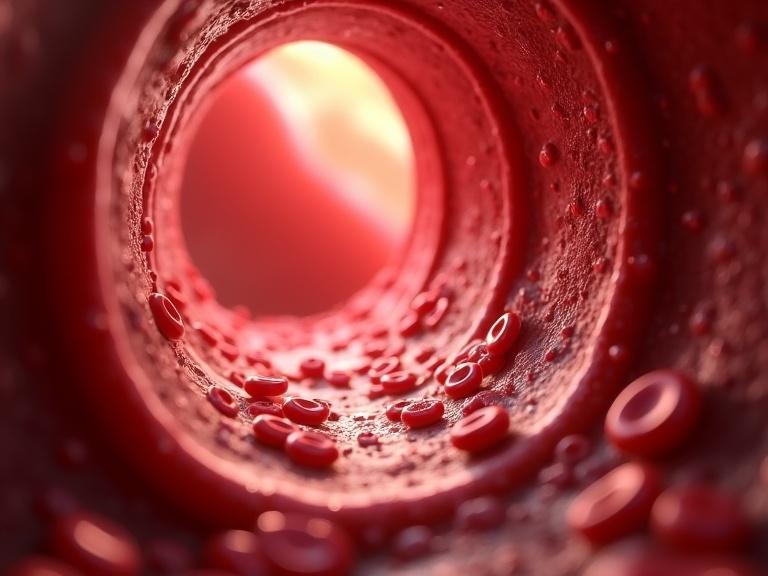 Close view inside a human artery. Detailed 3D illustration shows red blood cells moving with motion blur. White blood cells and platelets are also visible. Micro particles float in the plasma. Realistic textures of vessel walls are shown. Soft depth of field with a dynamic flow atmosphere. Warm red color scheme enhances the image.