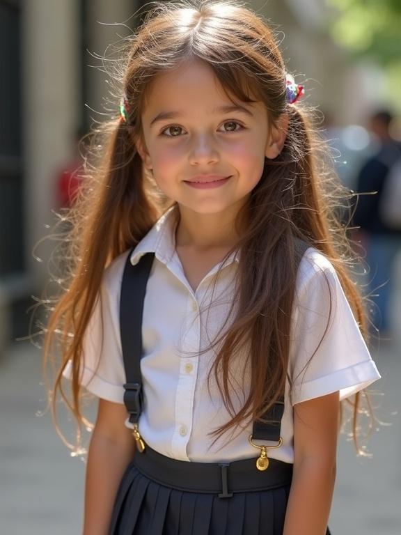 Girl with long, wavy chestnut hair in a school uniform. She wears a white blouse and a pleated skirt. She smiles with a cheerful expression. The background shows an outdoor setting with soft natural light.