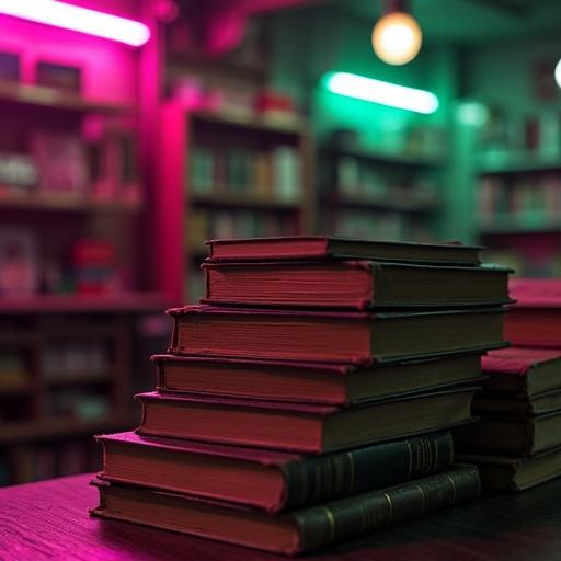 Stack of old books in neon lighting. Pink and green glow. Quiet bookstore ambiance. Shadows between shelves. Peaceful night mood. Wide angle perspective.
