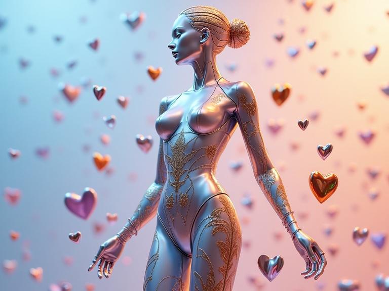 A sleek metallic woman stands proudly. Her body blends blue, white, orange, gold, and silver tones. Gold elements shine warmly. Silver adds shimmer. Tiny hearts float around her in silver, orange, pink, and gold. The background features pastel colors blending together.