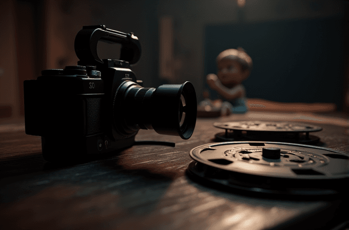 A vintage camera on a table with film reels, capturing a blurred child in the background.