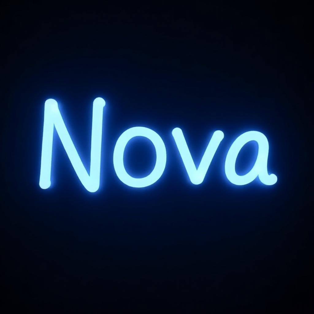 The image features the word 'Nova' presented in an elegant script font. It is illuminated with a soft, glowing blue hue. The background is dark, enhancing the luminescent quality of the text. The script has a flowing style, making it visually appealing. This design can be used for various creative applications, such as logos or invitations.