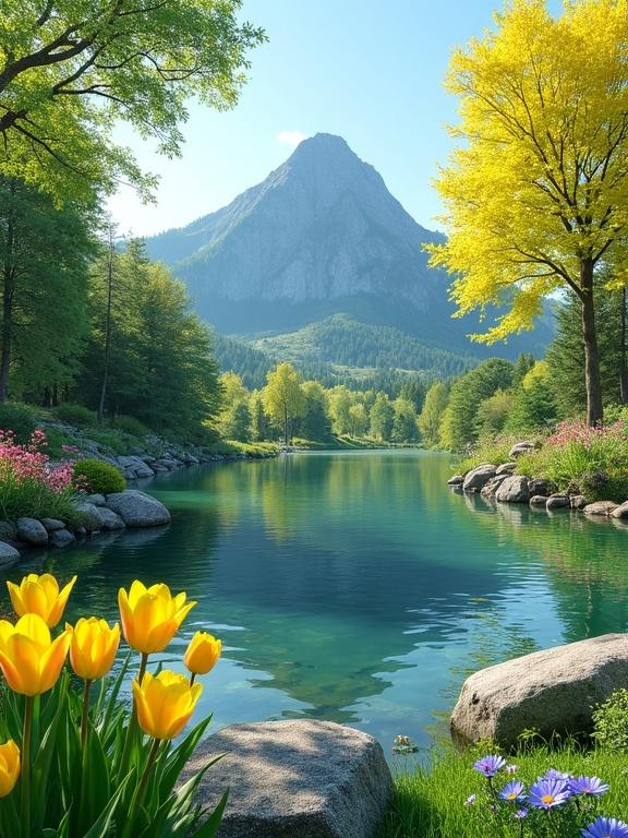 A serene landscape featuring a calm pond surrounded by colorful flowers. Bright yellow tulips with glossy petals are in the foreground. Large grayish-brown rocks are scattered near the water. Lush green trees with yellow foliage frame the scene. A steep mountain rises in the background under a clear blue sky.
