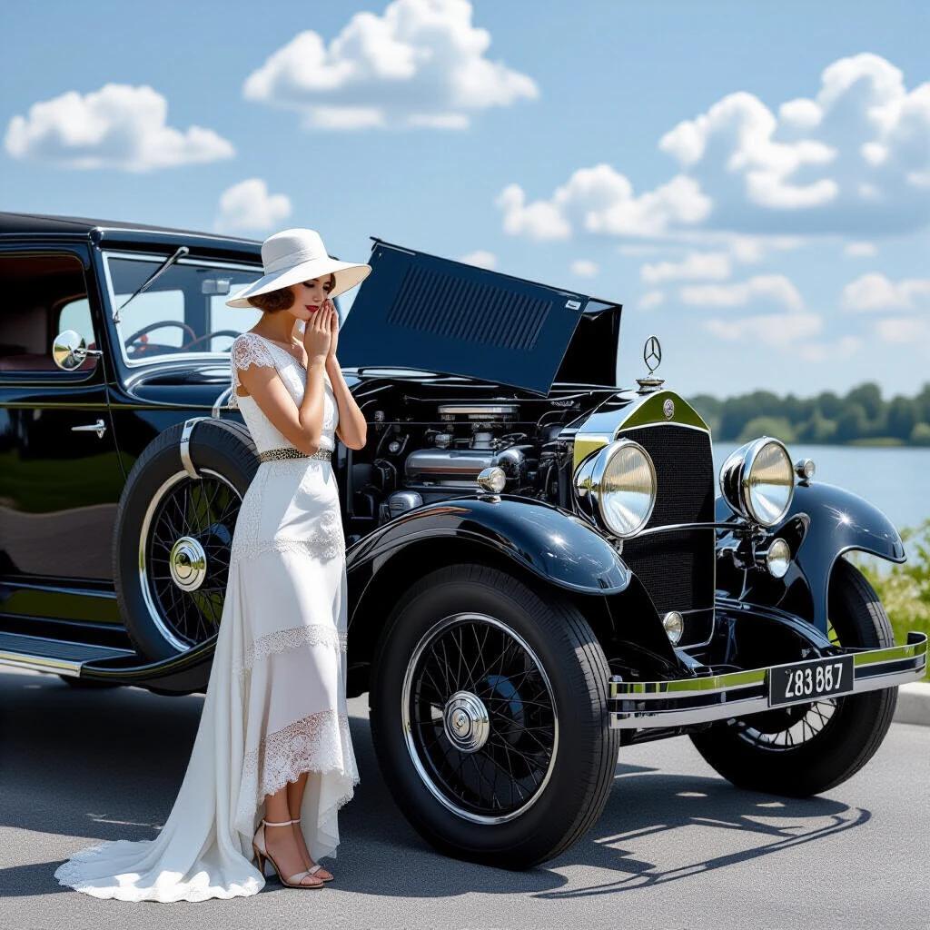 Photorealistic depiction of a vintage scene. An Art Deco socialite with a white cloche hat and short lace dress stands beside a large black Mercedes-Benz 18/100 PS Sportwagen. She leans over the left-side fender with both palms pressed to her cheeks, tilting her head down. The car's hood is fully opened, revealing a straight-six engine with visible steam emerging from a boiling radiator. The woman appears in comedic despair. The background features a misty mountain pass.