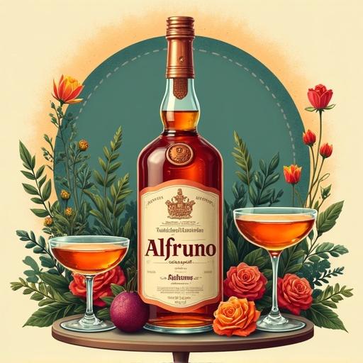 Stylized advertisement features a vintage aesthetic. Central layout with a copper distillation apparatus at the top. Teal and orange gradient background. Text includes 'Genuss aus dem Garten der Natur - wild und besonders' in deep maroon serif font. Lower apothecary-style bottle of 'Alfruno' is at the center. Bottle contains golden-reddish herbal liqueur. Classic label design with crest and brand name. Two cocktail glasses filled with golden-reddish liqueur are on either side. Surrounding elements include green herbs, roses, and wildflowers. Warm tones of orange, green, and maroon are dominant.