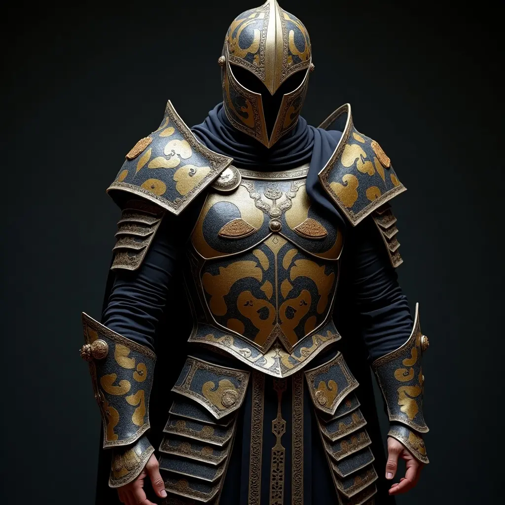 A character in ornate armor with a helmet. The armor features intricate gold designs on a dark background. The character stands powerfully.