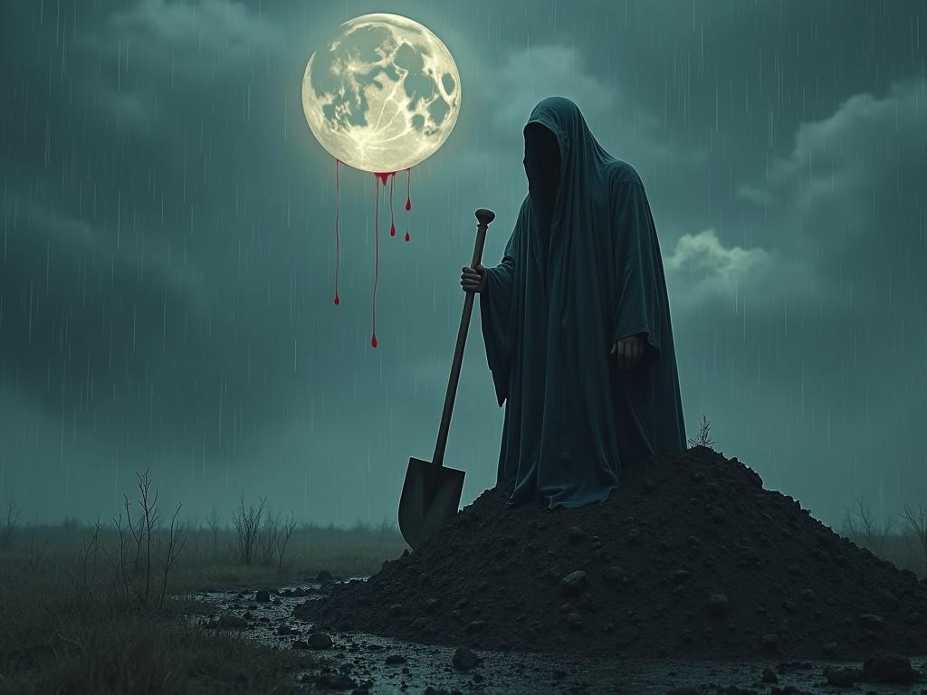 This eerie image features a robed figure standing on a muddy mound with a shovel, silhouetted against a cloudy night sky. A large, glowing full moon drips with what appears to be blood, adding an ominous touch to the scene. The overall setting is dark and foreboding, evoking a sense of mystery and unease.