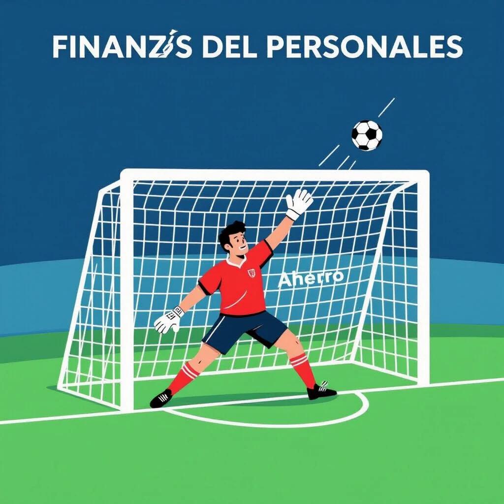 Vertical image 1080x1920 px for TikTok video about personal finance. Simple graphic resembling soccer field with goalkeeper labeled as 'Ahorro'. Goalkeeper defends against a shot aimed at the upper right corner.