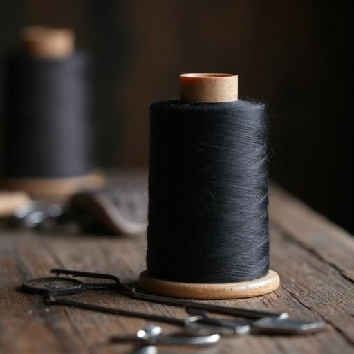 Black thread spool on an old wooden table. Surrounded by sewing tools. Soft focus in the background. Moody lighting with a shallow depth of field. Vertical framing at1080x1920.