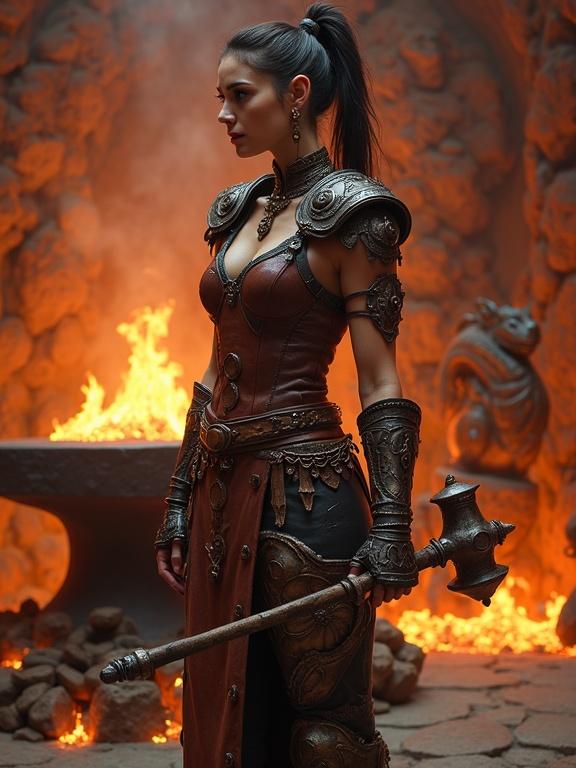 A blacksmith princess stands strong. She wears leather armor and metal gauntlets. A flaming hammer is in her hand. Behind her is a volcanic workshop. An obsidian anvil is present. Glowing ingots shine nearby. Statues of dragons are visible. Lava streams reflect on her armor.