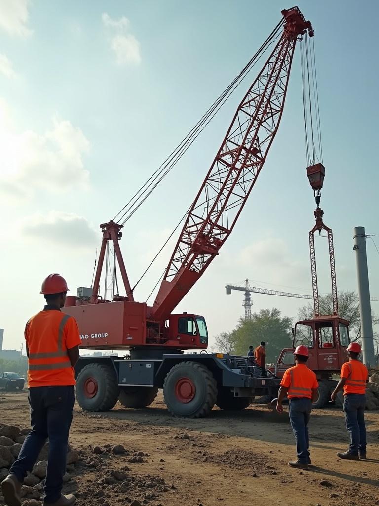 Eco-friendly construction site with collaborative workers. A red crane branded with MAG GROUP logo is positioned prominently. Workers in safety gear are present around the crane. The scene is bright and captures a busy construction ambiance.