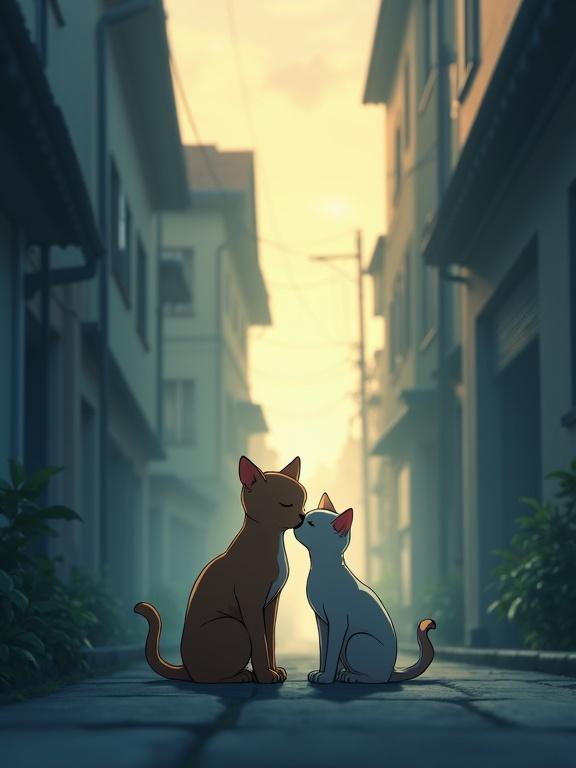 Anime-style scene depicting an alley at dawn. A mother cat and her kitten gently touch noses. Soft morning light casts gentle shadows. Emotive and tranquil atmosphere.