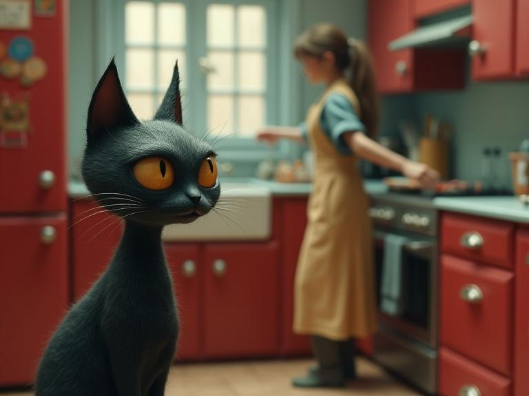 Imagery features a whimsical black cat with large glossy eyes observing a woman in an apron cooking in a beautifully designed red kitchen. The scene evokes a playful yet eerie atmosphere with soft textures and a muted background, highlighting artful brushstrokes and shading.
